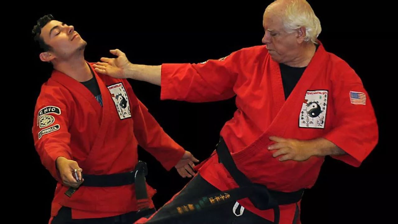 Thomas Georgion performing a martial arts move on another individual.
