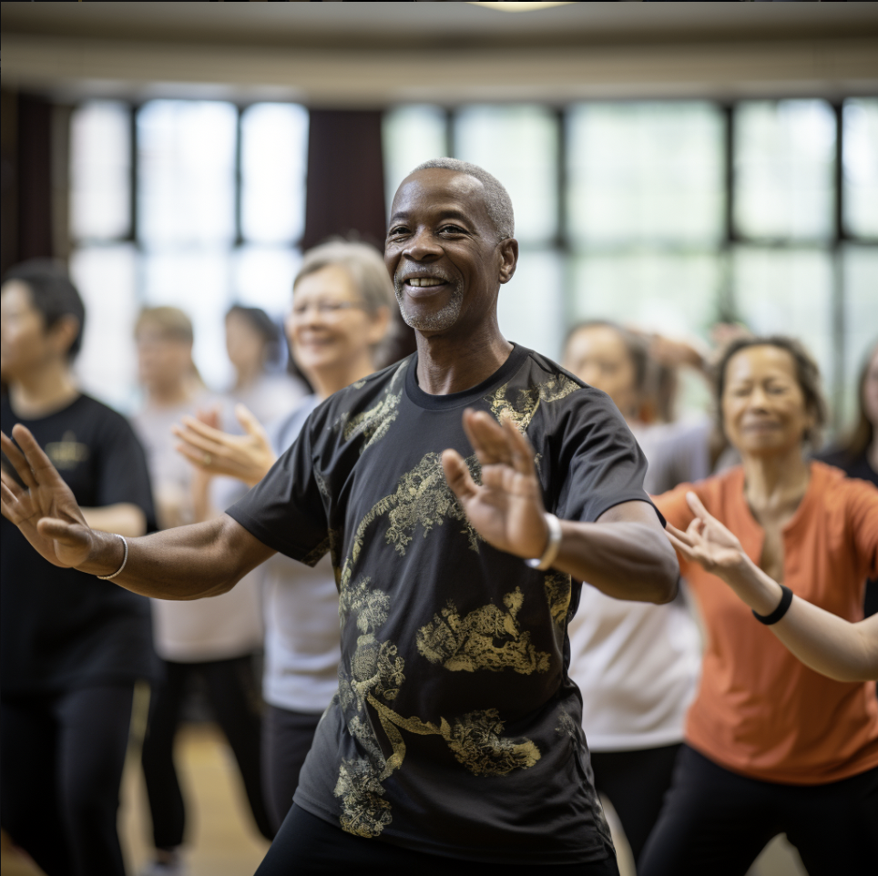 Photo of health wellness instructor and students doing an exercise.