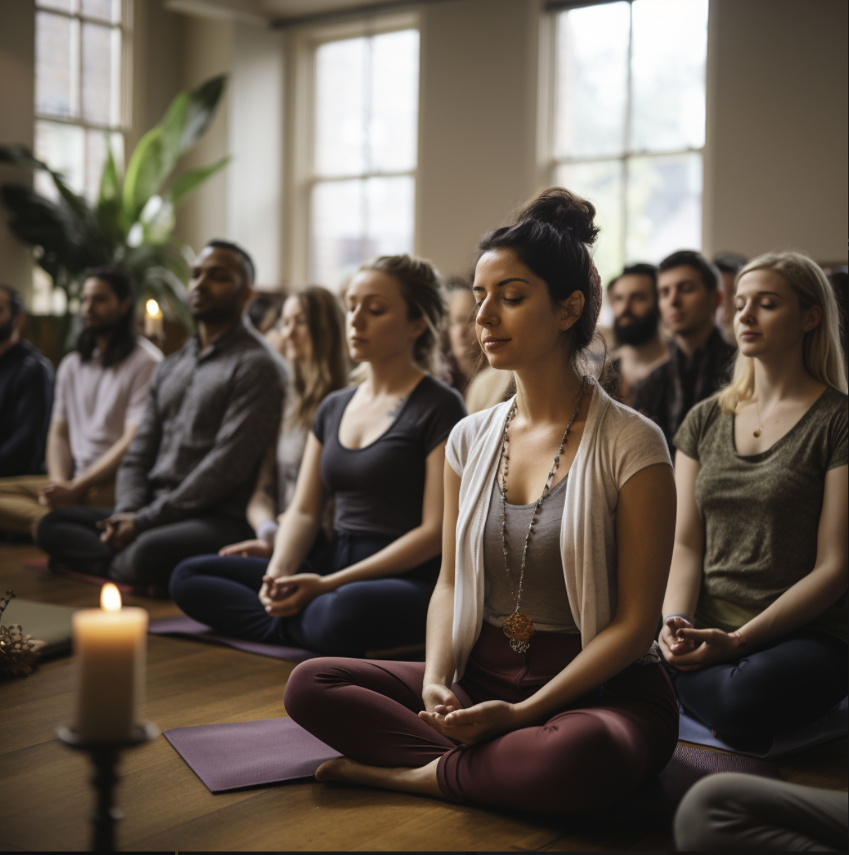 Photo of people sitting on the floor, calmly meditating.