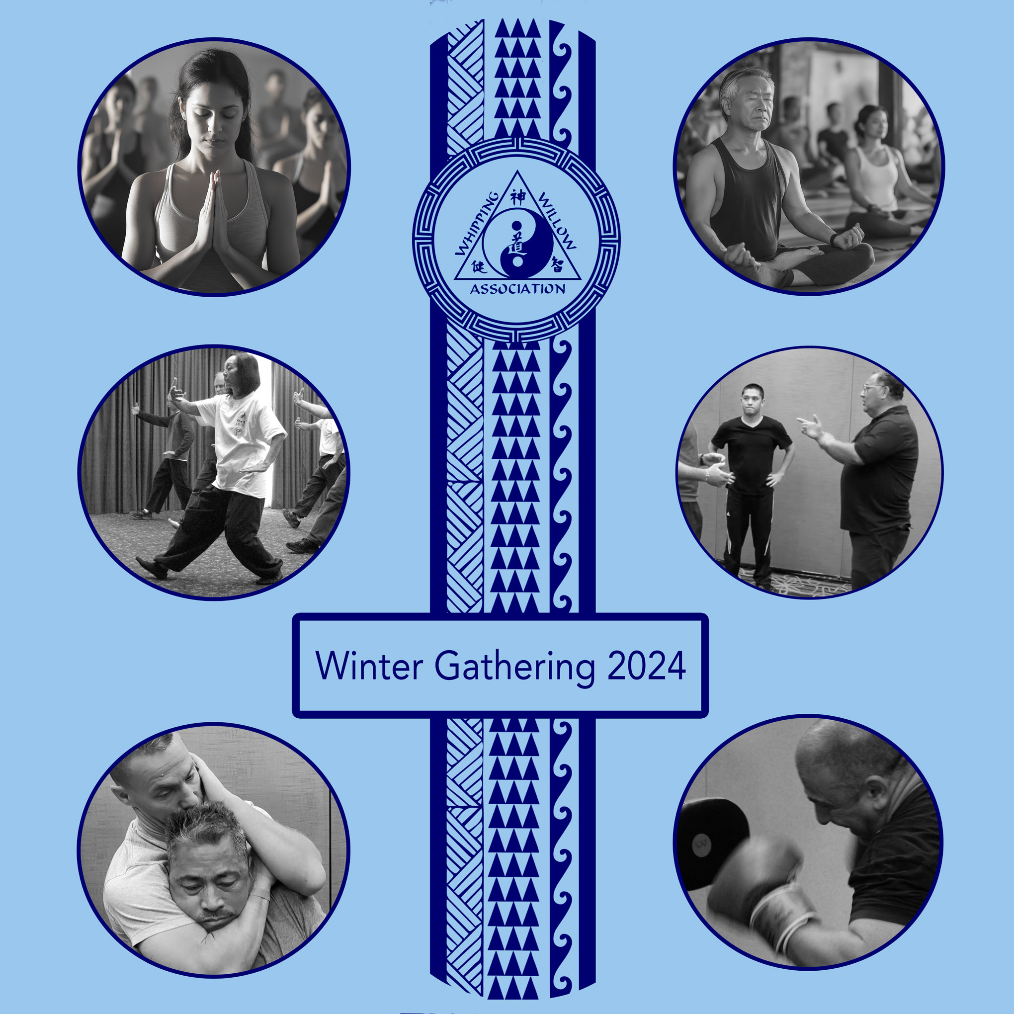 Blue Winter Gathering 2024 poster with black and white photos of people practicing meditation as well as basic and combative skills.